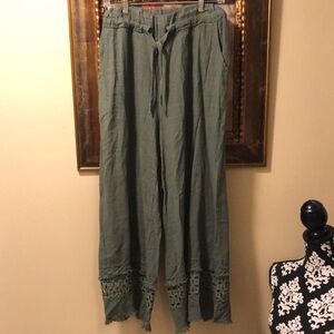 🫒Bohemian Linen Wide-Leg eyelet & fringed hem pull tie high-waist cropped pants